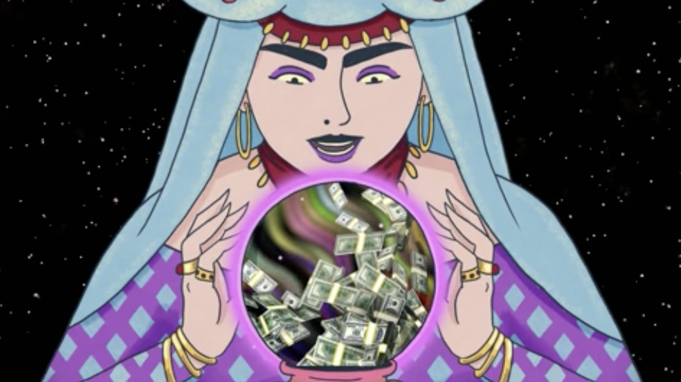 Woman with crystal ball with cash in it (cartoon image)